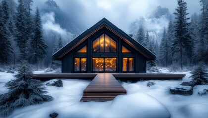 Enchanting Cozy Cabin in Snowy Woods with Warm Christmas Lights Glowing Through Windows, Perfect Winter Retreat for Relaxation and Festive Cheer