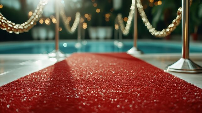 A luxurious red carpet runs along a pristine pool, flanked by elegant gold chains, setting an opulent scene typical of high-end celebrations and exclusive parties.