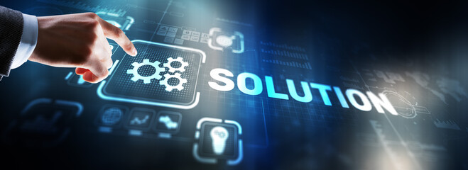 Solution. Businessman pressing on touch screen interface inscription Solutions. Business concept....