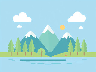 
A flat vector illustration of green mountains, trees, and a lake with the sun in the sky. Simple shapes and a flat design style.