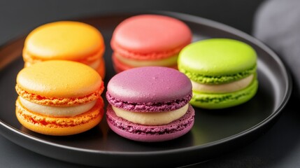 Vibrant macarons placed on a black plate, with a close-up focus on their smooth surfaces and fillings. The dark plate enhances the bold colors of the cookies.
