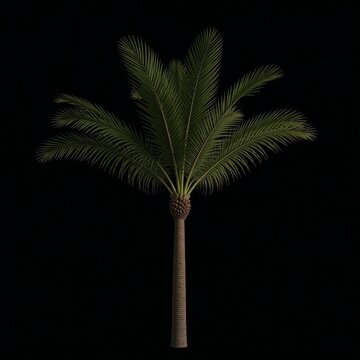 Isolated 3D rendered night scene of illuminated Roystonea regia palm tree against a blurred background for architectural visualization purposes