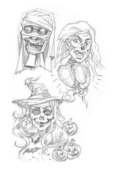 sketch of ghost face for Halloween pencil drawing for card decoration illustration