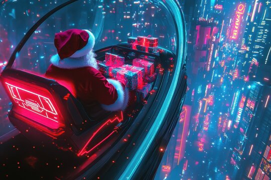 Santa Claus driving a futuristic sleigh with neon lights