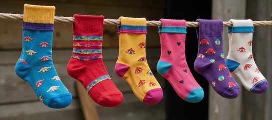 Childrens colorful socks with patterns hanging to dry on a line