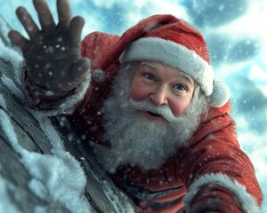 Santa Claus Waving from a Snowy Rooftop on a Magical Christmas Night, Festive Holiday Cheer, Joyful Christmas Spirit, Christmas Eve Tradition, Santa's Arrival, Magical Christmas Lights