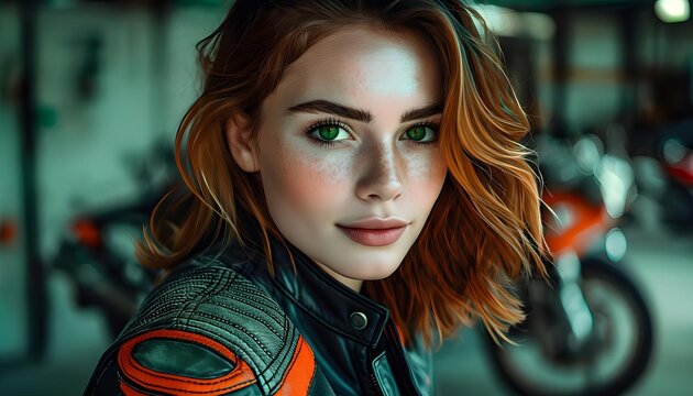Confident woman in leather jacket, motorcycle backdrop, adventurous spirit, lifestyle ad