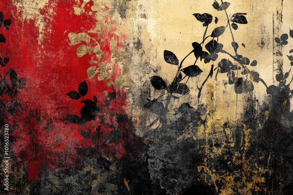 Poster a vibrant red and black plant adorns a wall, adding a pop of color to the surrounding area.