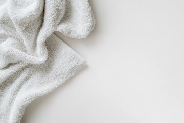 Close up shot of a white towel lying on a table, simple and clean.