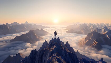 Obraz premium Adventurous figure silhouetted on mountain at sunrise, symbolizing exploration and freedom
