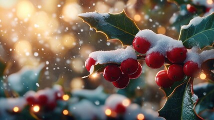 Snow-Covered Holly Berries and Evergreen Branches with Christmas Lights Festive Winter Decor for a...