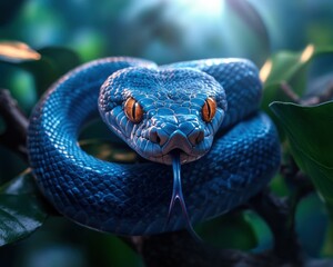 Obraz premium Stunning Blue Snake with Shimmering Scales Coiling Elegantly Around a Branch, A Captivating Sight of Nature's Beauty
