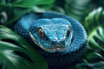Obraz premium Stunning Blue Snake with Shimmering Scales Winding Through Lush Jungle Foliage, A Captivating Close-Up of a Venomous Reptile in Its Natural Habitat This Vivid Image Showcases the Beauty and Danger of