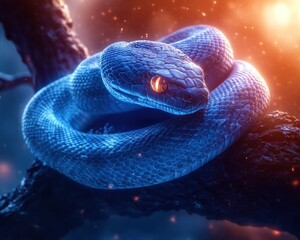 Fototapeta premium Stunning Blue Snake Coiled Tightly Around Tree Branch, Shimmering in Low Light, A Captivating Display of Nature's Beauty and Mystery