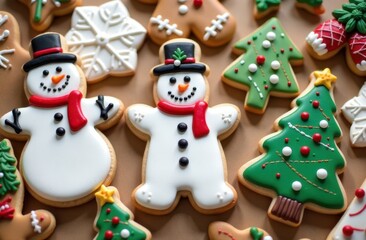 Fototapeta premium Christmas cookies featuring snowmen, gingerbread men, and Christmas trees. Generative AI tools