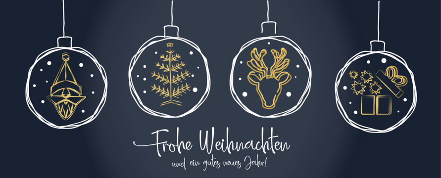 Weihnachtsgr&uuml;&szlig;e mit deutschem Text - Weihnachtskugeln mit dekorativen weihnachtlichen Motiven - Vektor Illustration