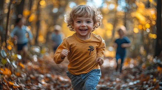 front view of small child running a race competition in nature.stock image