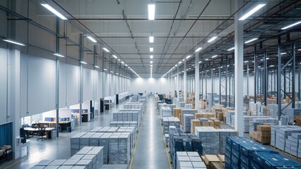 Obraz premium Spacious warehouse interior filled with stacked pallets and organized shelving.