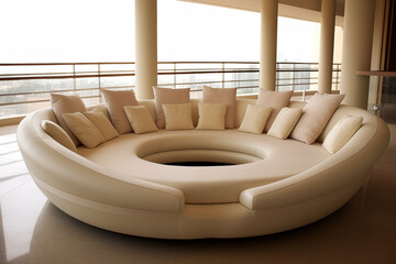 A stunning, modern curved sofa in a soft cream fabric, elegantly upholstered with clean lines and minimalistic design, placed in a bright, airy living room filled with natural light.