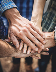 World environment day with global community teamwork,Group of volunteer join hand together concept, Volunteer charity work. People joining for cooperation success.sustainable development goal