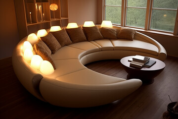 A stunning, modern curved sofa in a soft cream fabric, elegantly upholstered with clean lines and minimalistic design, placed in a bright, airy living room filled with natural light.