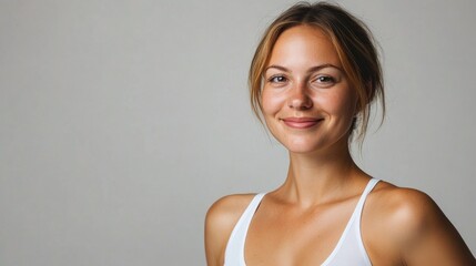 Obraz premium Beautiful brunette in white t-shirt doing breast self-examination Breast Cancer female breast, support, prevention, mammography, screening, oncology, cancer treatment.