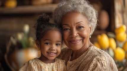 Fototapeta premium grandmother giving gift to her granddaughter during easter dinner.stock image