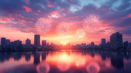 Fototapeta premium Watercolor skyline illuminated by pastel fireworks, giving a delicate festive feel for New Year cards