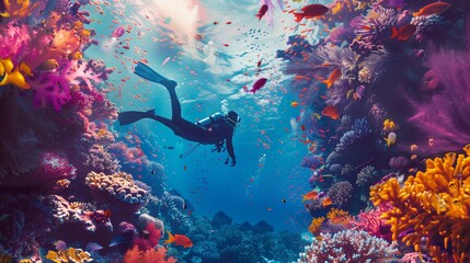 Diver Exploring Vibrant Coral Reef Teeming With Colorful Fish in Crystal-Clear Waters