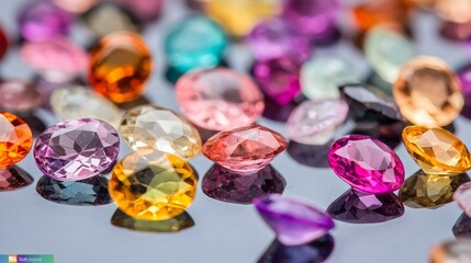 Colorful gems scattered on a reflective surface, showcasing their brilliance and beauty.