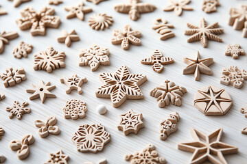 Fototapeta premium Miniature Christmas ornaments, handcrafted wooden stars and snowflakes, 3D illustration