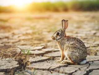 Fototapeta premium Alert Rabbit Searching for Food in Barren Sun Bleached Landscape