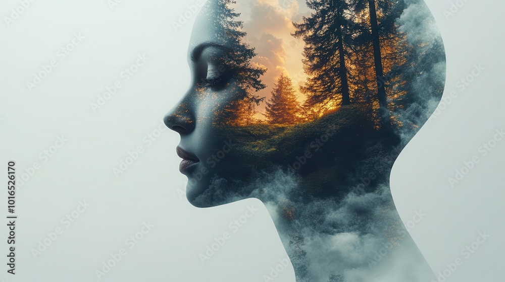 Wall mural outline of a human head filled with a serene landscape representing inner peace and mental tranquility with ample white space for text or concepts