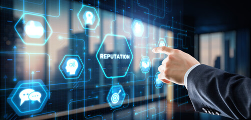 Businessman presses a button Reputation. Management Branding Concept