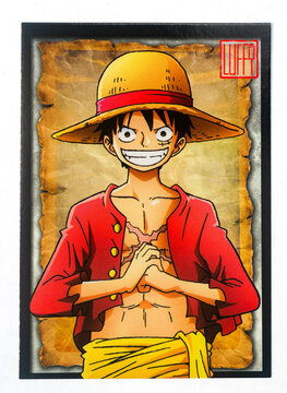 Hamburg, Germany - 06192024: photo of the English one piece paper trading game card called Ruffy from the epic journey set on white paper background.