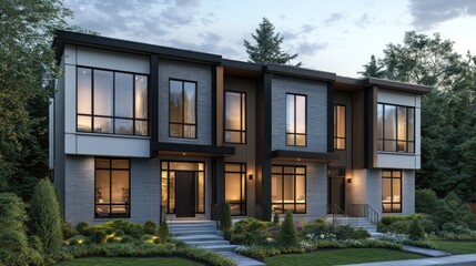 Obraz premium Modern design townhouse It is characterized by distinctive architectural elements. big window and the combination of materials such as steel and wood.