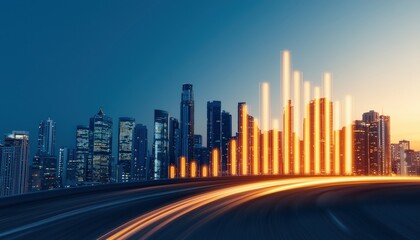 A vibrant city skyline at dusk, illuminated by glowing bars representing data, suggesting growth and innovation.