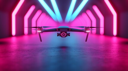 A sleek drone poised in a vibrant neon arena, with blue and pink lights. The atmosphere feels energetic and tech-driven, capturing a futuristic racing vibe. Sport Vibes Concept