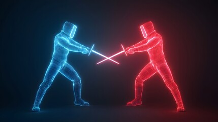 Obraz premium Two colorful, glowing fencers clash their neon swords in an intense duel, depicting energy and competition. Sport Vibes Concept