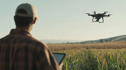 A drone flying over a field to monitor crop health, while a farmer observes data on a table