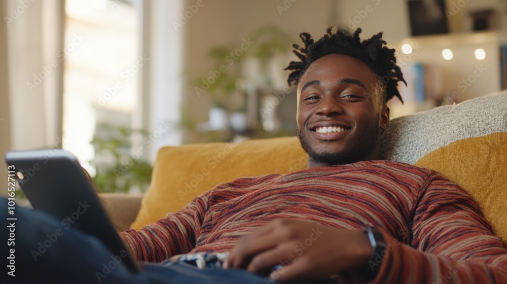 Poster Man sitting on a couch using a laptop for work or personal use.
