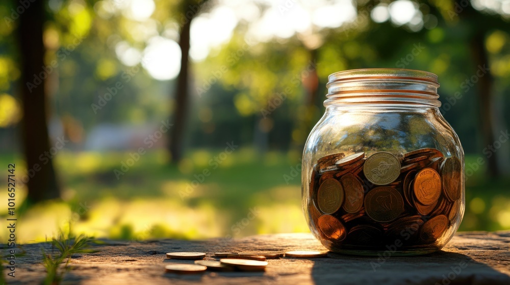 Poster a jar filled with coins sitting on top of a table, perfect for use in financial or business-related 
