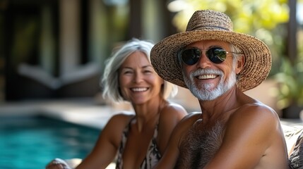 group of cheerful seniors sitting by swimming pool outdoors in backyard.create by F.a