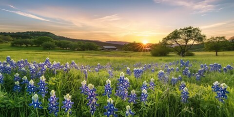Serene landscape with bluebonnets in full bloom. Vibrant blue petals contrast against rich green grass. Field extends to horizon, sky meets earth. Line of trees adds touch of wilderness. Warm sunset