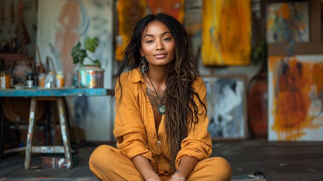Artist in a Vibrant Studio Filled With Colorful Paintings on a Sunny Afternoon