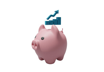 3D rendered illustration of the concept of financial growth through savings. It has a piggy bank and a graph with an arrow pointing up. which indicates increased saving isolated on transparent