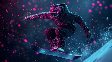 A snowboarder in a low crouch performs a jump amid a snow-filled halfpipe, surrounded by glowing colors. The atmosphere is electric and energetic. Sport Vibes Concept