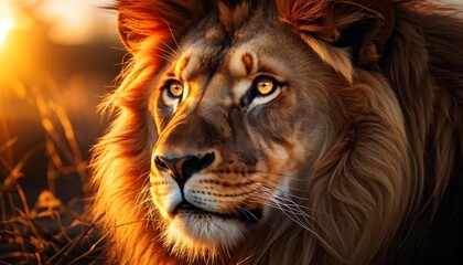 Naklejka premium Majestic lion with intense gaze in golden sunset, symbolizing strength and courage