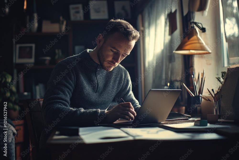 Poster a person sitting at a desk with a laptop, likely working or browsing the internet.