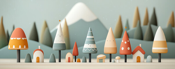 Obraz premium Handcrafted miniature Christmas trees, rustic wooden decor, 3D illustration